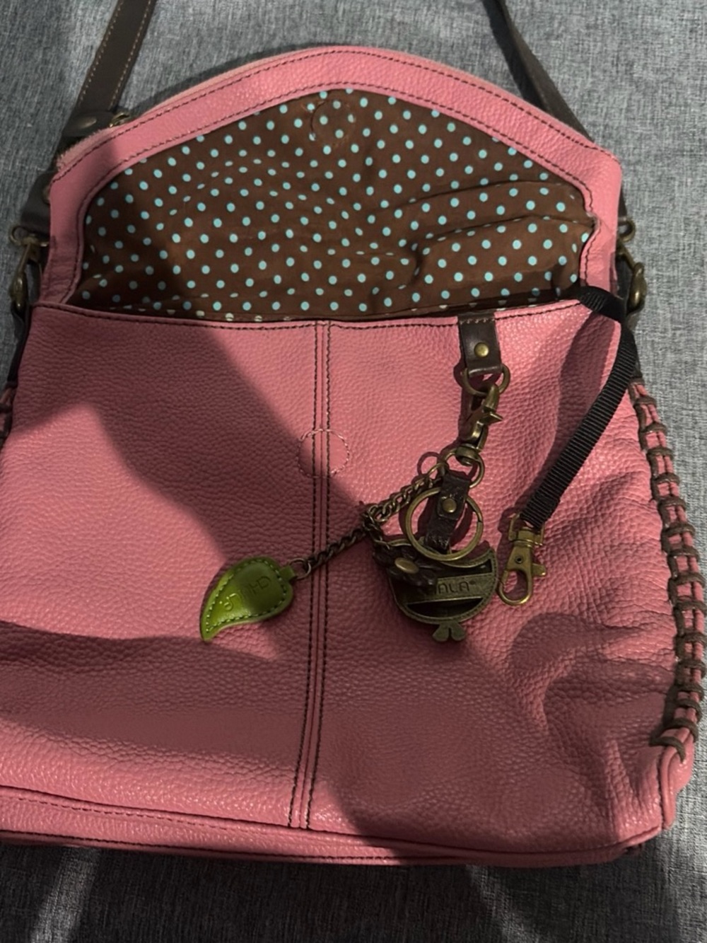 Chala Pink Pebbled Leather Shoulder Bag with Charm Accents - Picture 4 of 7